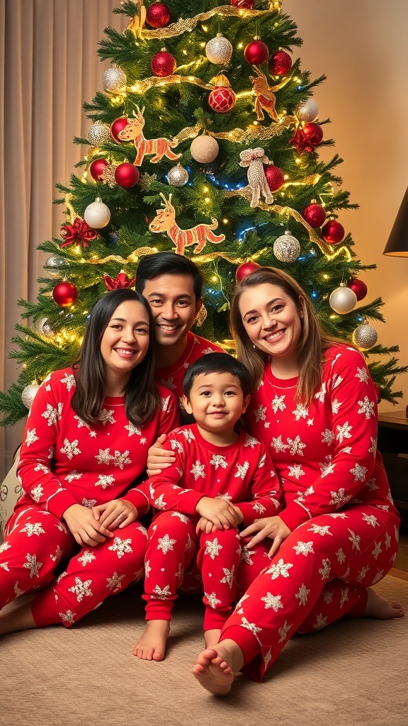 A family in matching Christmas pajamas posing in front of a decorated tree for a holiday card.